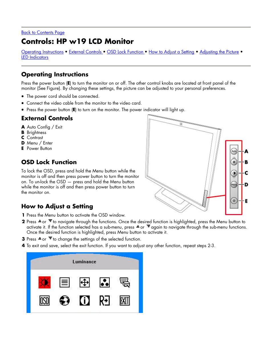 Controls: hp w19 lcd monitor, Operating instructions, External controls | Osd lock function, How to adjust a setting, Controls and indicators | HP w19 19 inch LCD Monitor User Manual | Page 12 / 22