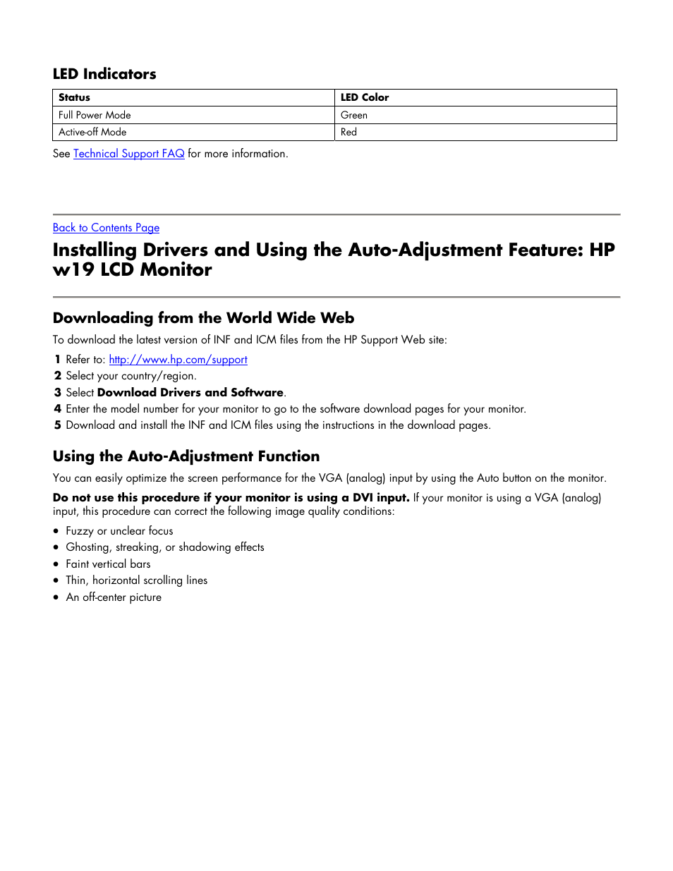 Led indicators, Downloading from the world wide web, Using the auto-adjustment function | Drivers and auto-adjustment | HP w19 19 inch LCD Monitor User Manual | Page 14 / 22