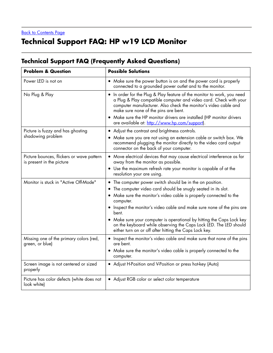 Technical support faq: hp w19 lcd monitor, Technical support faq (frequently asked questions), Technical support faq | HP w19 19 inch LCD Monitor User Manual | Page 15 / 22