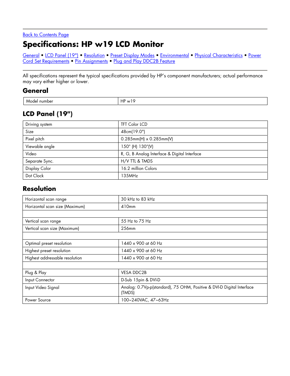 Specifications: hp w19 lcd monitor, General, Lcd panel (19") | Resolution, Specifications | HP w19 19 inch LCD Monitor User Manual | Page 16 / 22