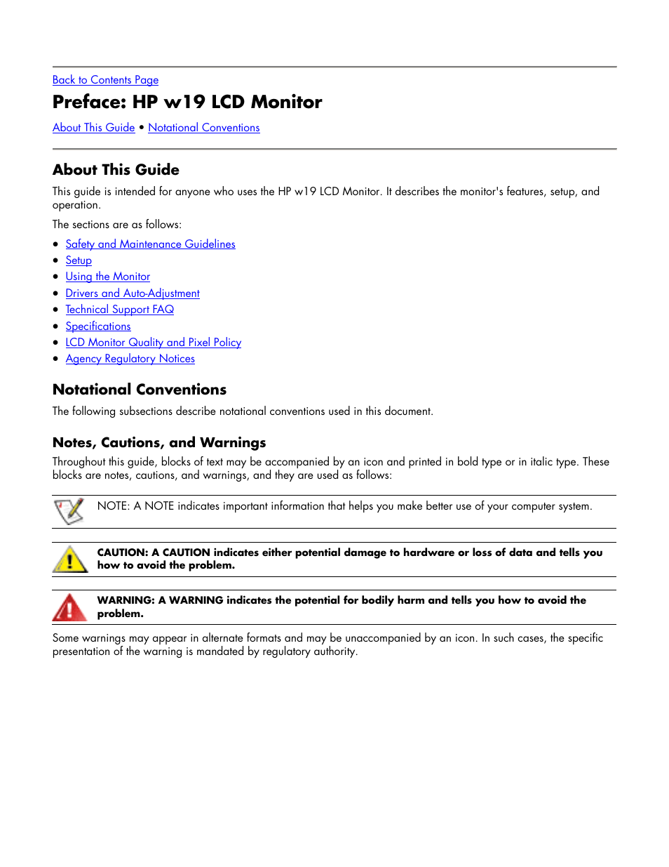 Preface: hp w19 lcd monitor, About this guide, Notational conventions | Notes, cautions, and warnings, Preface | HP w19 19 inch LCD Monitor User Manual | Page 2 / 22