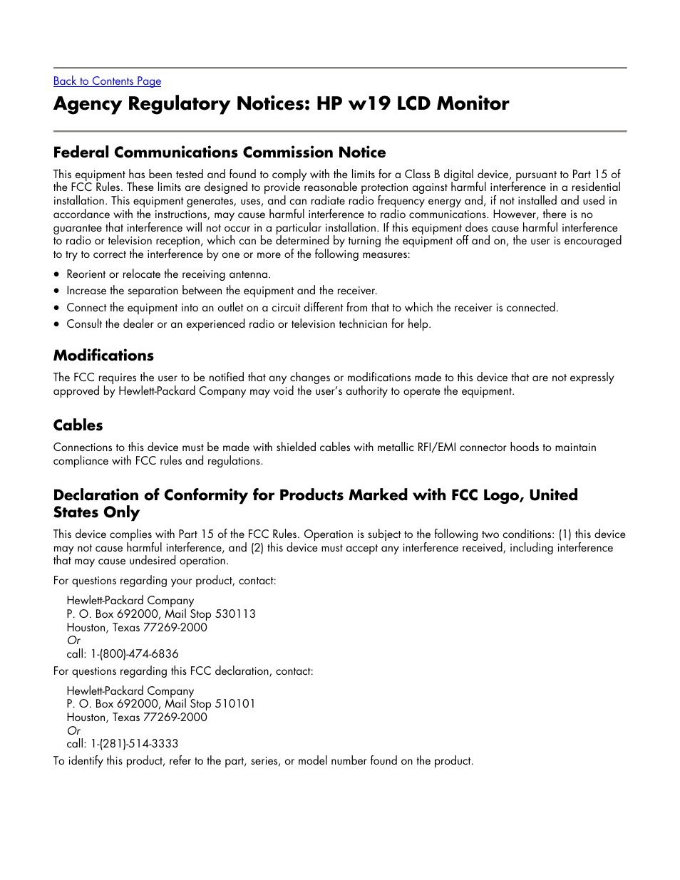 Agency regulatory notices: hp w19 lcd monitor, Federal communications commission notice, Modifications | Cables, Canadian notice, Agency regulatory notices | HP w19 19 inch LCD Monitor User Manual | Page 20 / 22