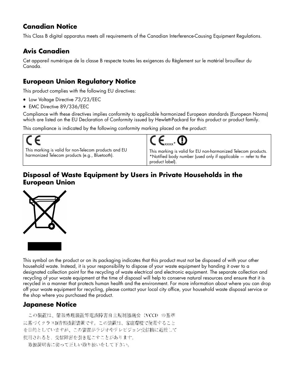 Avis canadien, European union regulatory notice, Japanese notice | Canadian notice | HP w19 19 inch LCD Monitor User Manual | Page 21 / 22