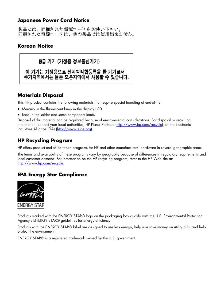 Japanese power cord notice, Korean notice, Materials disposal | Hp recycling program, Epa energy star compliance | HP w19 19 inch LCD Monitor User Manual | Page 22 / 22