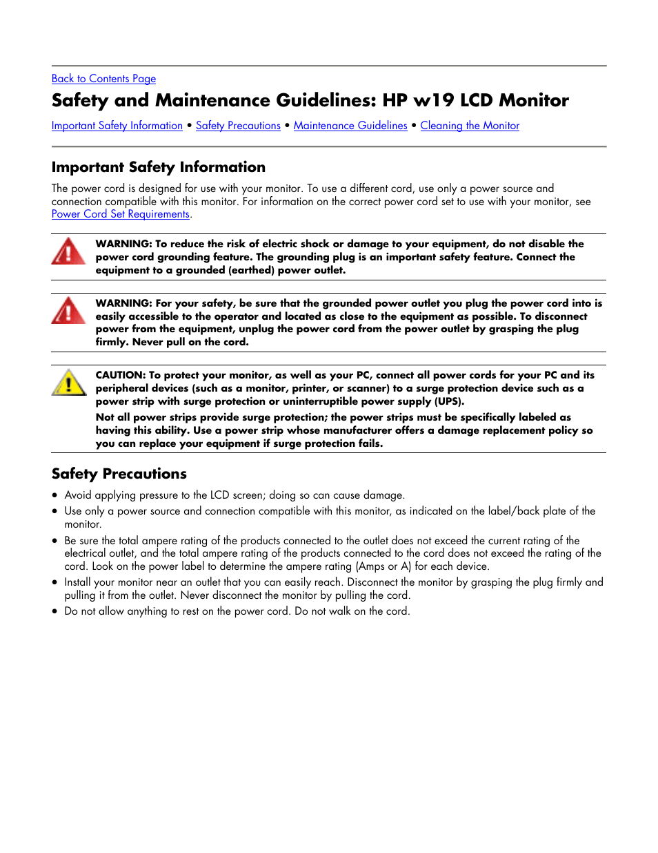 Important safety information, Safety precautions, Safety and maintenance guidelines | HP w19 19 inch LCD Monitor User Manual | Page 3 / 22