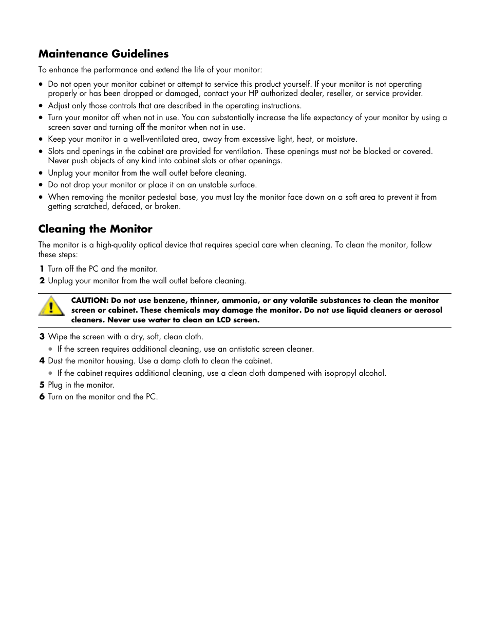 Maintenance guidelines, Cleaning the monitor | HP w19 19 inch LCD Monitor User Manual | Page 4 / 22