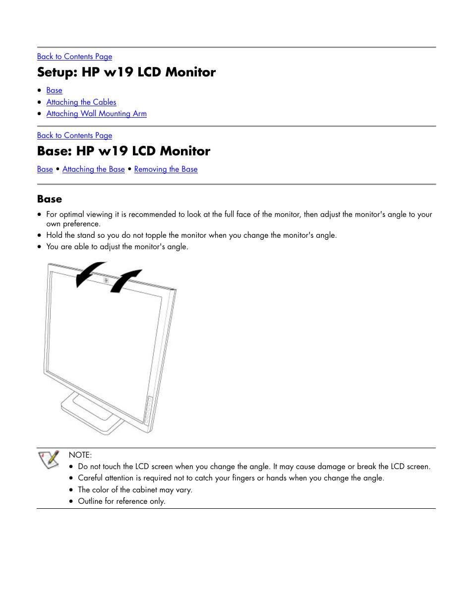 Setup: hp w19 lcd monitor, Base: hp w19 lcd monitor, Base | Setup | HP w19 19 inch LCD Monitor User Manual | Page 5 / 22