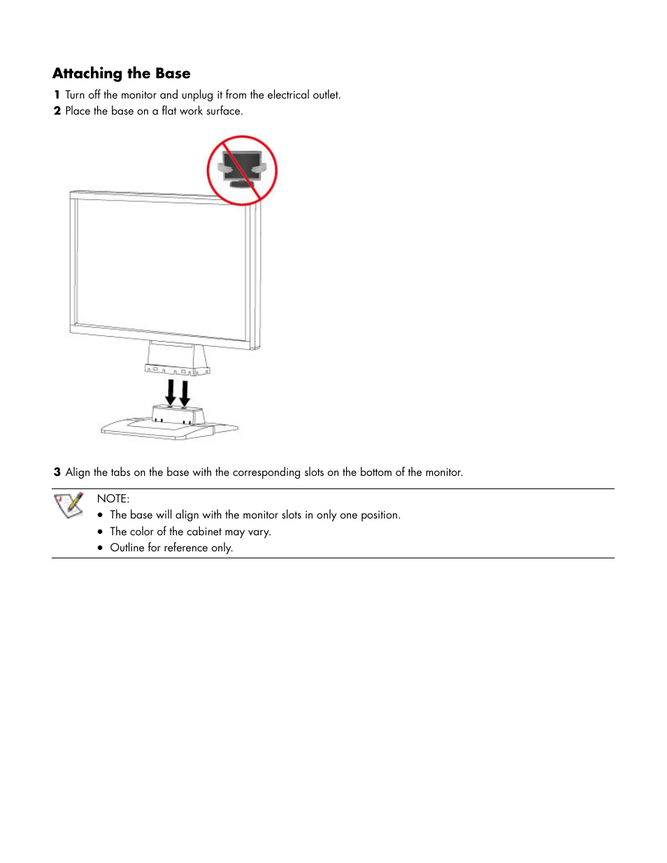 Attaching the base | HP w19 19 inch LCD Monitor User Manual | Page 6 / 22