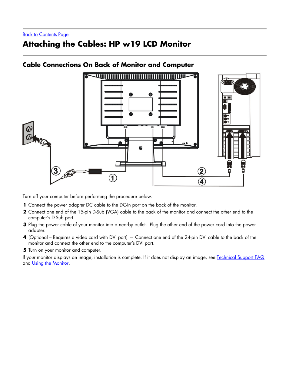 Attaching the cables: hp w19 lcd monitor, Cable connections on back of monitor and computer, Attaching the cables | HP w19 19 inch LCD Monitor User Manual | Page 8 / 22