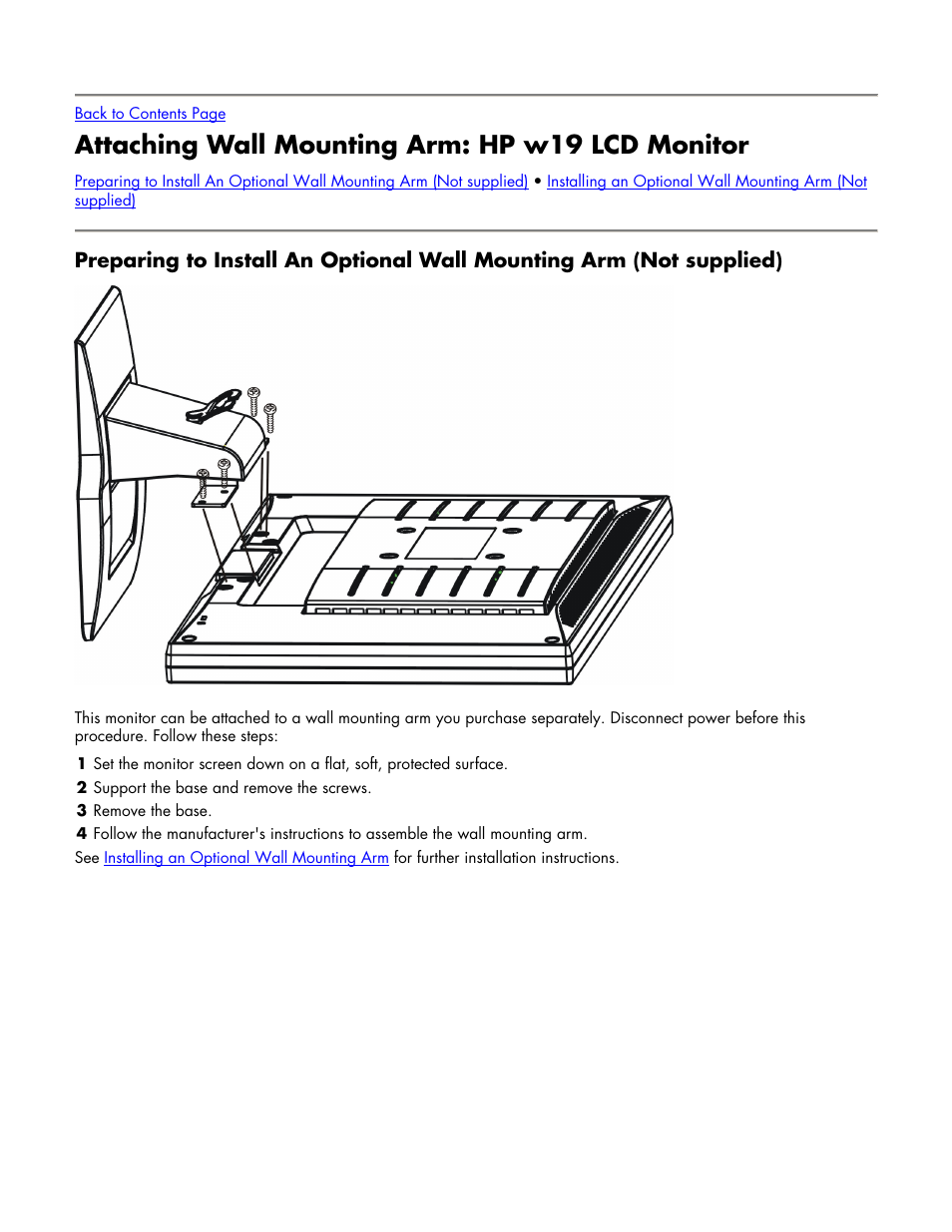 Attaching wall mounting arm: hp w19 lcd monitor, Attaching wall mounting arm | HP w19 19 inch LCD Monitor User Manual | Page 9 / 22