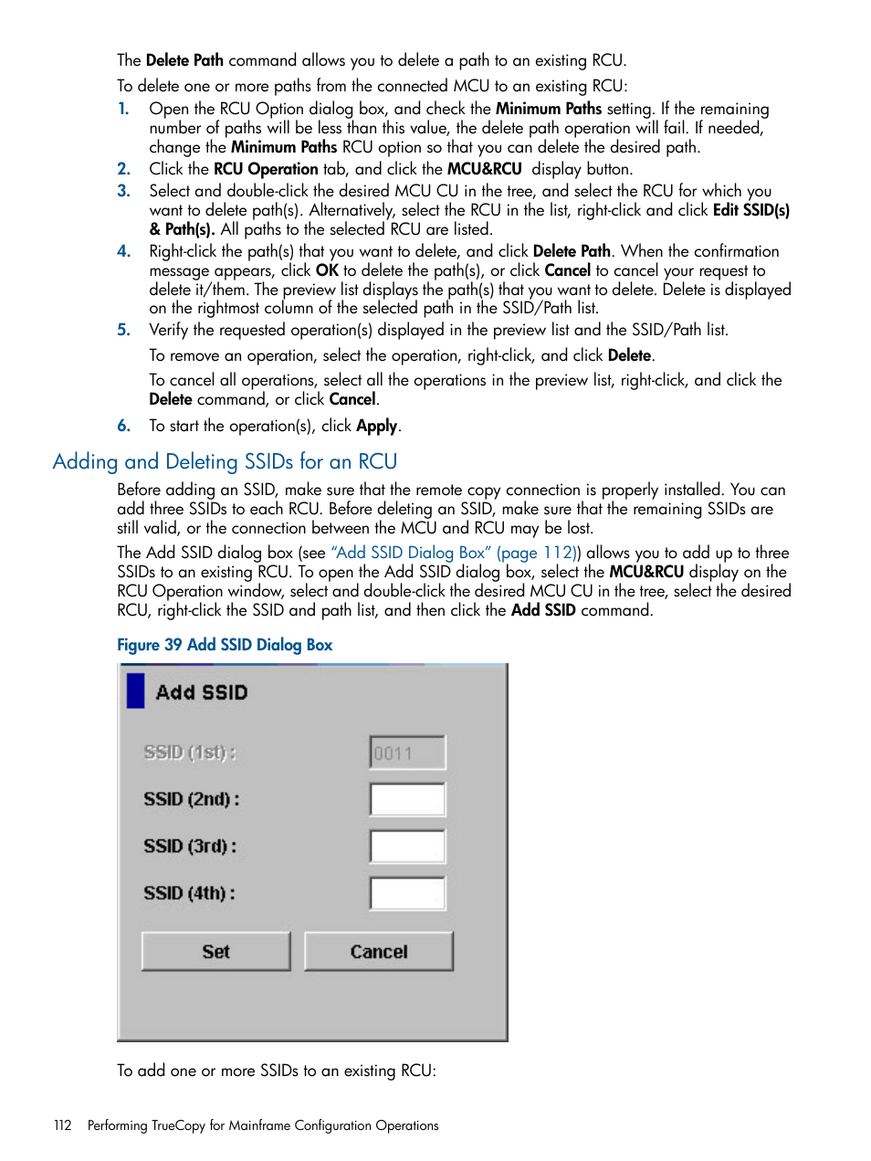 Adding and deleting ssids for an rcu | HP StorageWorks XP Remote Web Console Software User Manual | Page 112 / 258