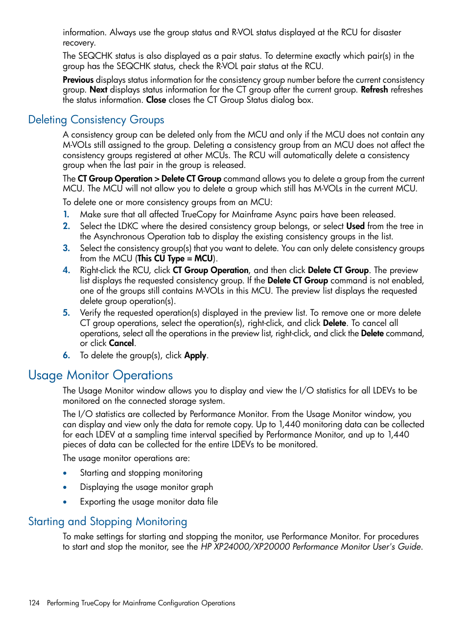 Deleting consistency groups, Usage monitor operations, Starting and stopping monitoring | HP StorageWorks XP Remote Web Console Software User Manual | Page 124 / 258