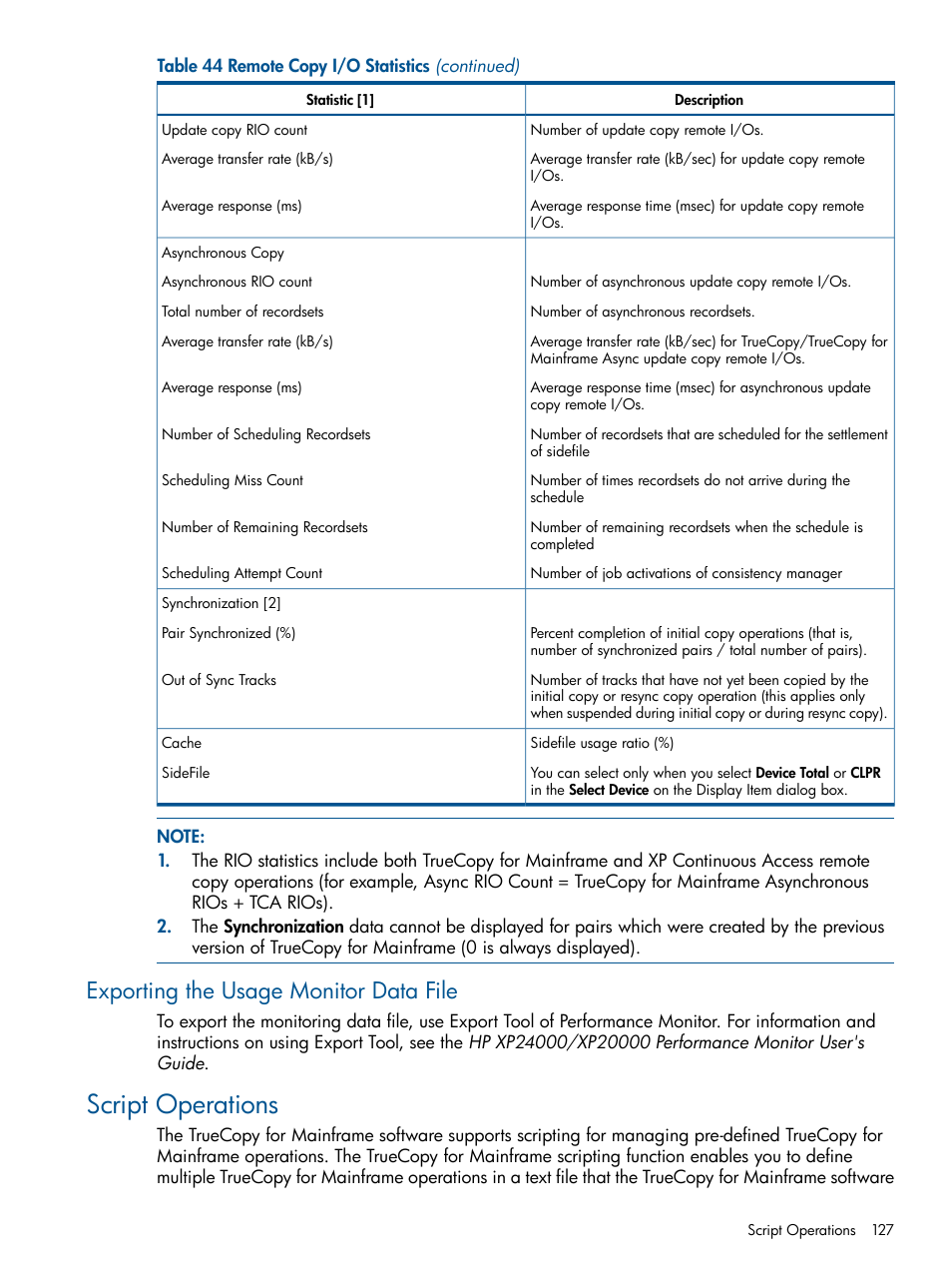 Exporting the usage monitor data file, Script operations | HP StorageWorks XP Remote Web Console Software User Manual | Page 127 / 258