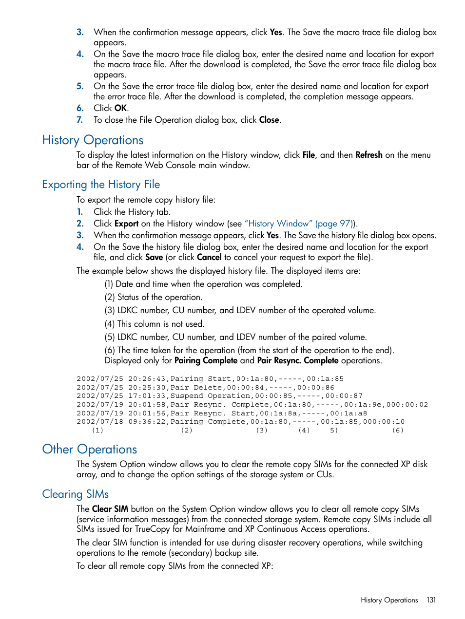 History operations, Exporting the history file, Other operations | Clearing sims | HP StorageWorks XP Remote Web Console Software User Manual | Page 131 / 258