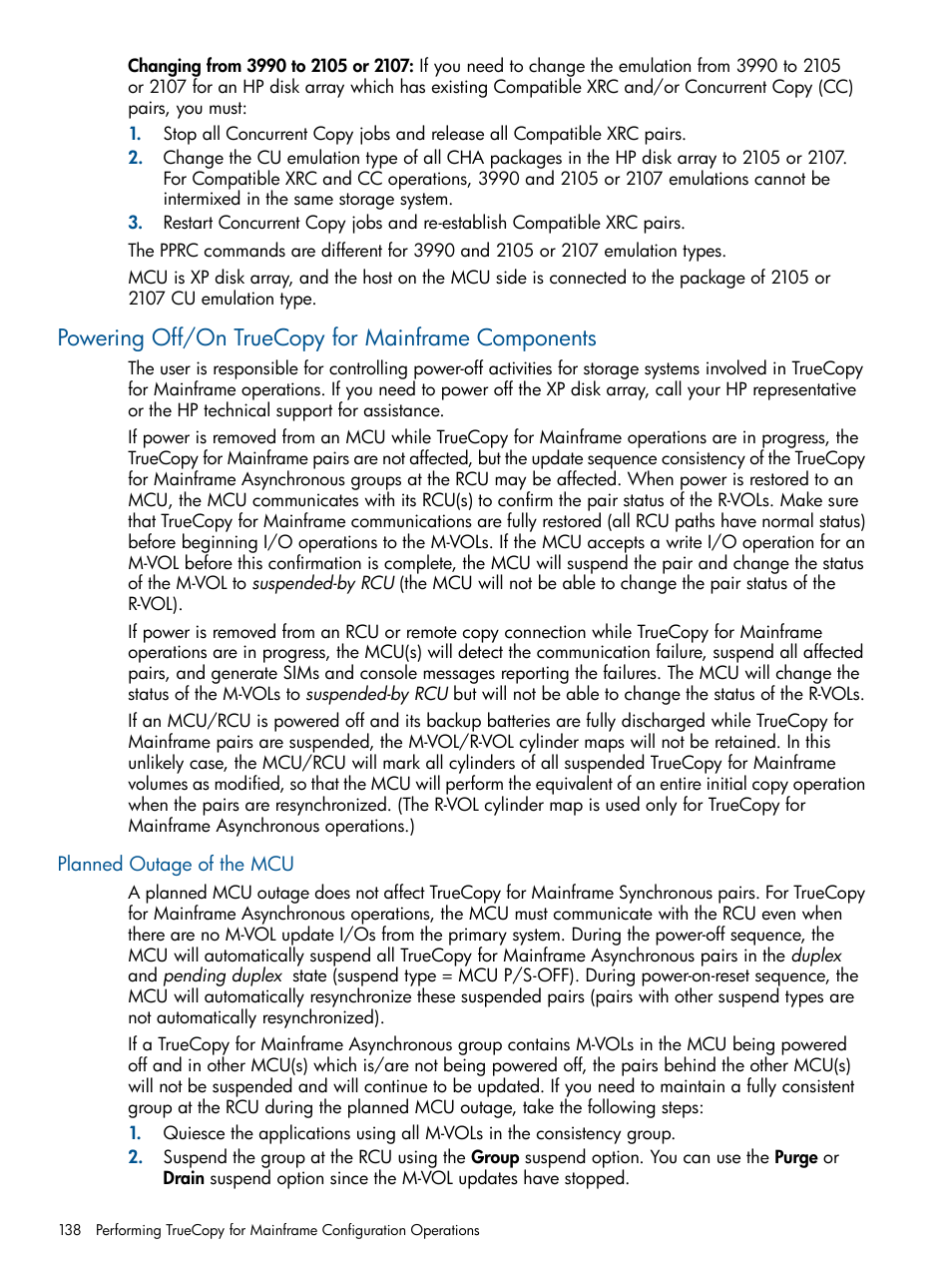 Powering off/on truecopy for mainframe components, Planned outage of the mcu | HP StorageWorks XP Remote Web Console Software User Manual | Page 138 / 258