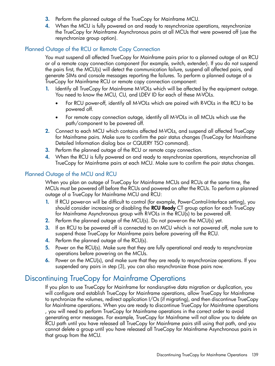 Planned outage of the mcu and rcu, Discontinuing truecopy for mainframe operations | HP StorageWorks XP Remote Web Console Software User Manual | Page 139 / 258