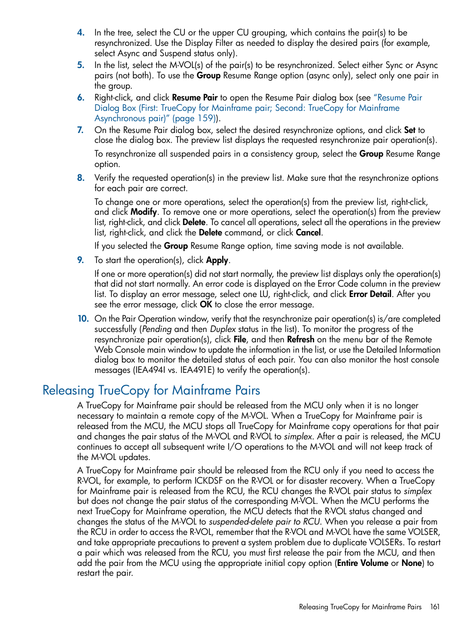 Releasing truecopy for mainframe pairs | HP StorageWorks XP Remote Web Console Software User Manual | Page 161 / 258