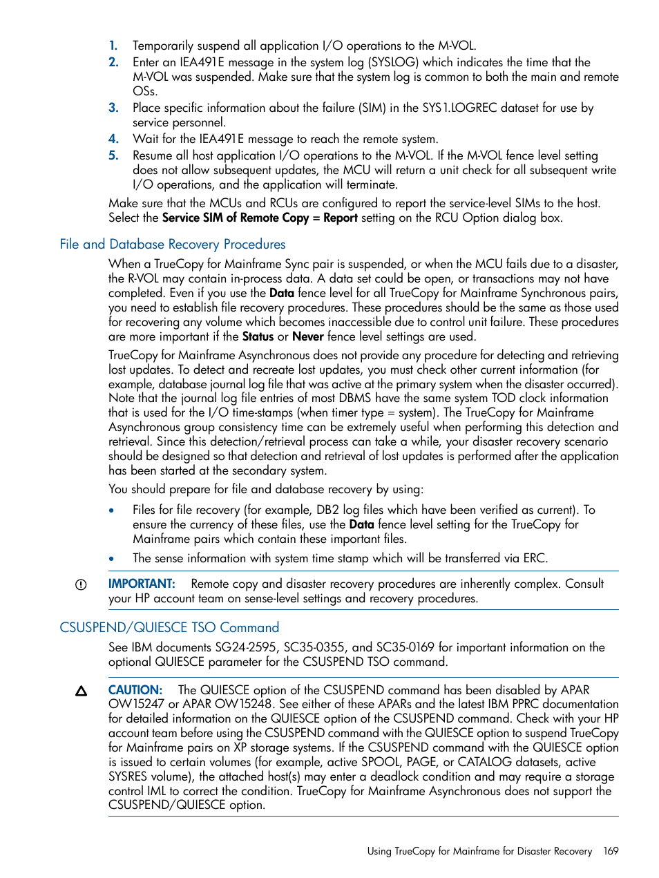 File and database recovery procedures, Csuspend/quiesce tso command | HP StorageWorks XP Remote Web Console Software User Manual | Page 169 / 258