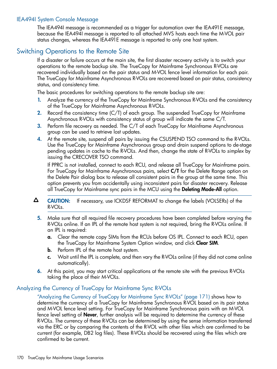 Iea494i system console message, Switching operations to the remote site | HP StorageWorks XP Remote Web Console Software User Manual | Page 170 / 258