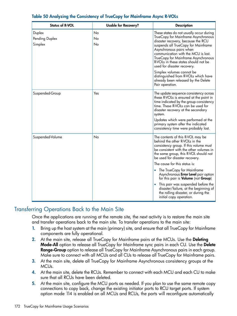Transferring operations back to the main site | HP StorageWorks XP Remote Web Console Software User Manual | Page 172 / 258