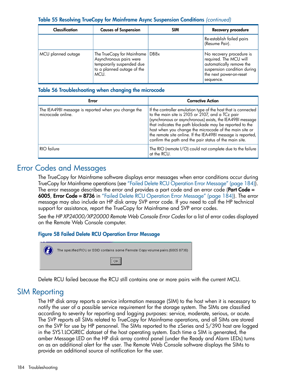 Error codes and messages, Sim reporting, Error codes and messages sim reporting | HP StorageWorks XP Remote Web Console Software User Manual | Page 184 / 258