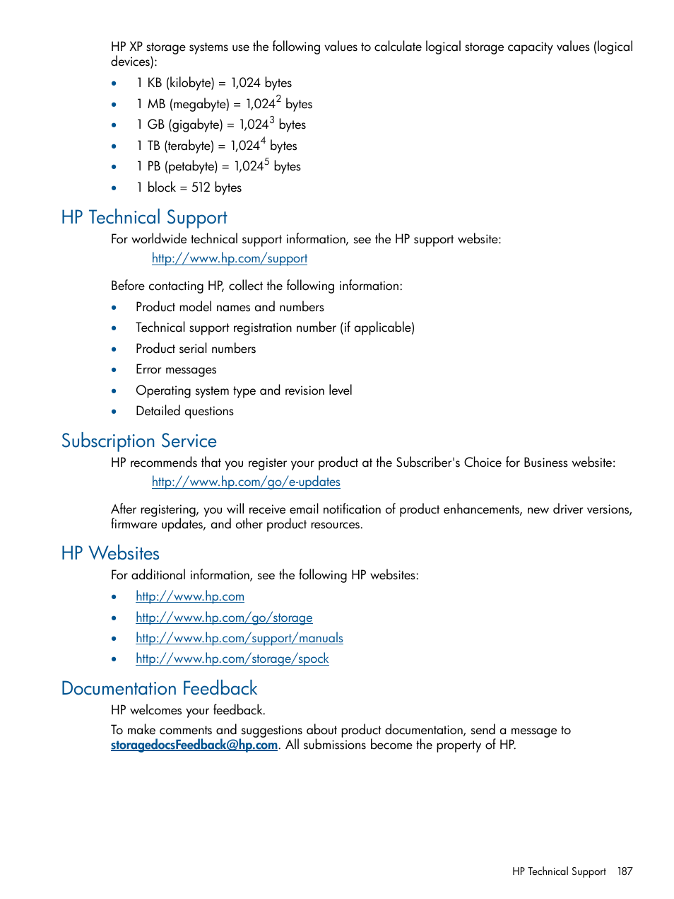 Hp technical support, Subscription service, Hp websites | Documentation feedback | HP StorageWorks XP Remote Web Console Software User Manual | Page 187 / 258