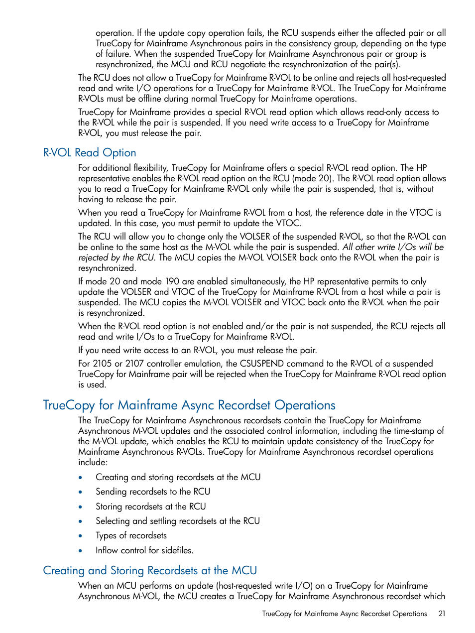 R-vol read option, Truecopy for mainframe async recordset operations, Creating and storing recordsets at the mcu | HP StorageWorks XP Remote Web Console Software User Manual | Page 21 / 258