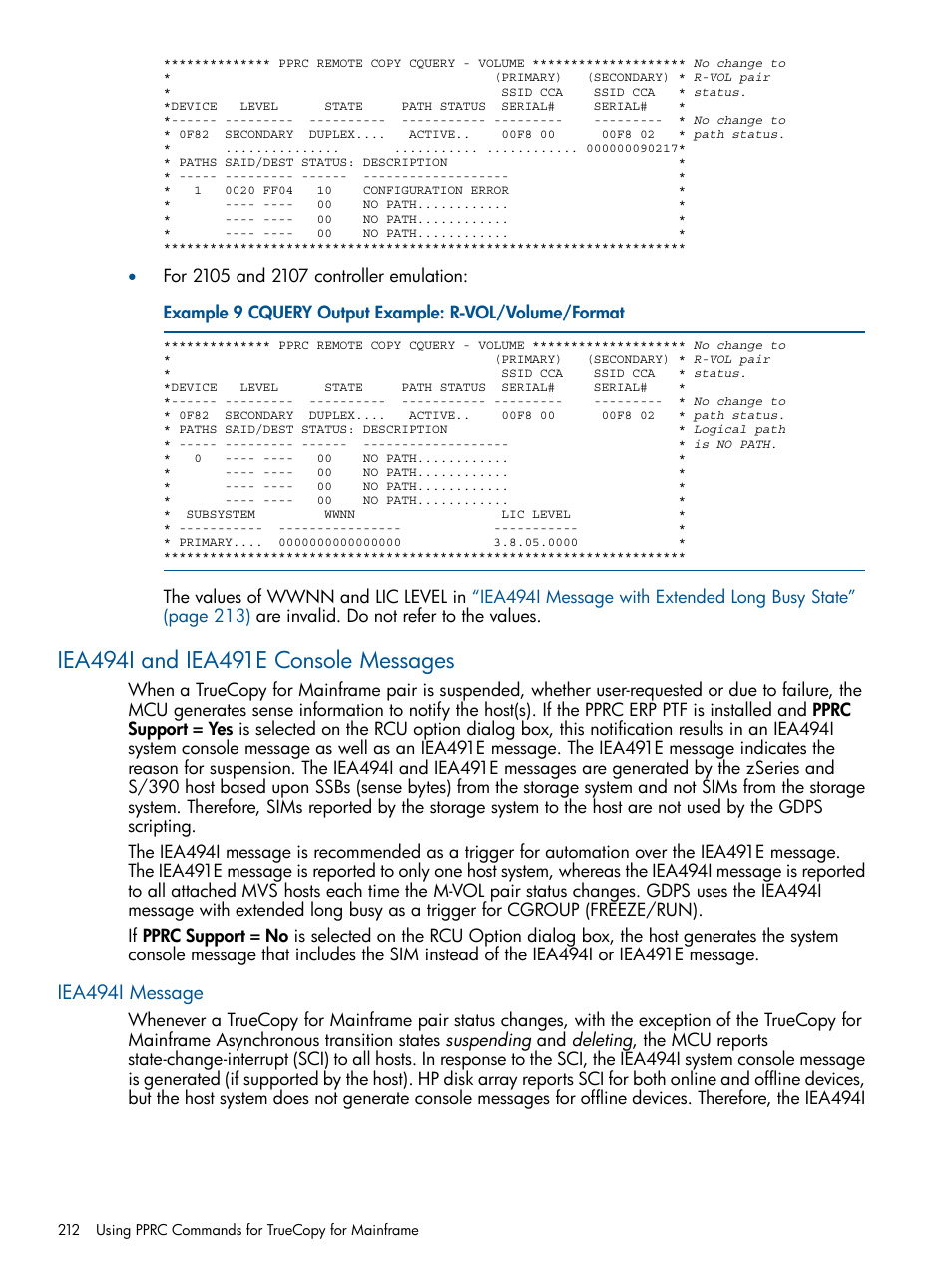 Iea494i and iea491e console messages, Iea494i message, Cquery output example | HP StorageWorks XP Remote Web Console Software User Manual | Page 212 / 258