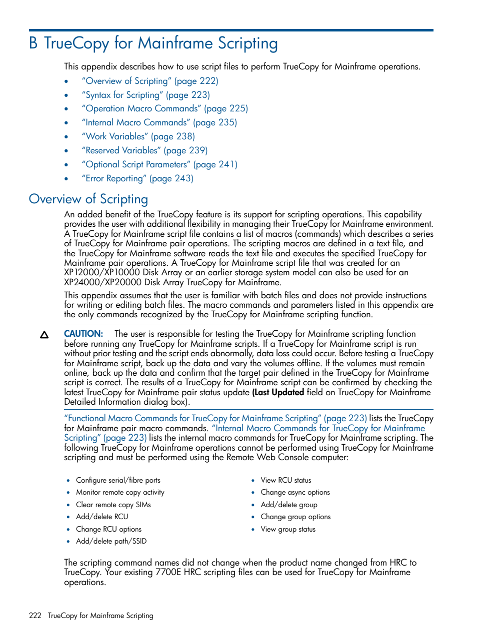 B truecopy for mainframe scripting, Overview of scripting | HP StorageWorks XP Remote Web Console Software User Manual | Page 222 / 258