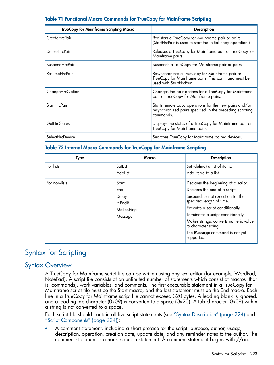 Syntax for scripting, Syntax overview, Internal macro commands for truecopy for mainframe | HP StorageWorks XP Remote Web Console Software User Manual | Page 223 / 258
