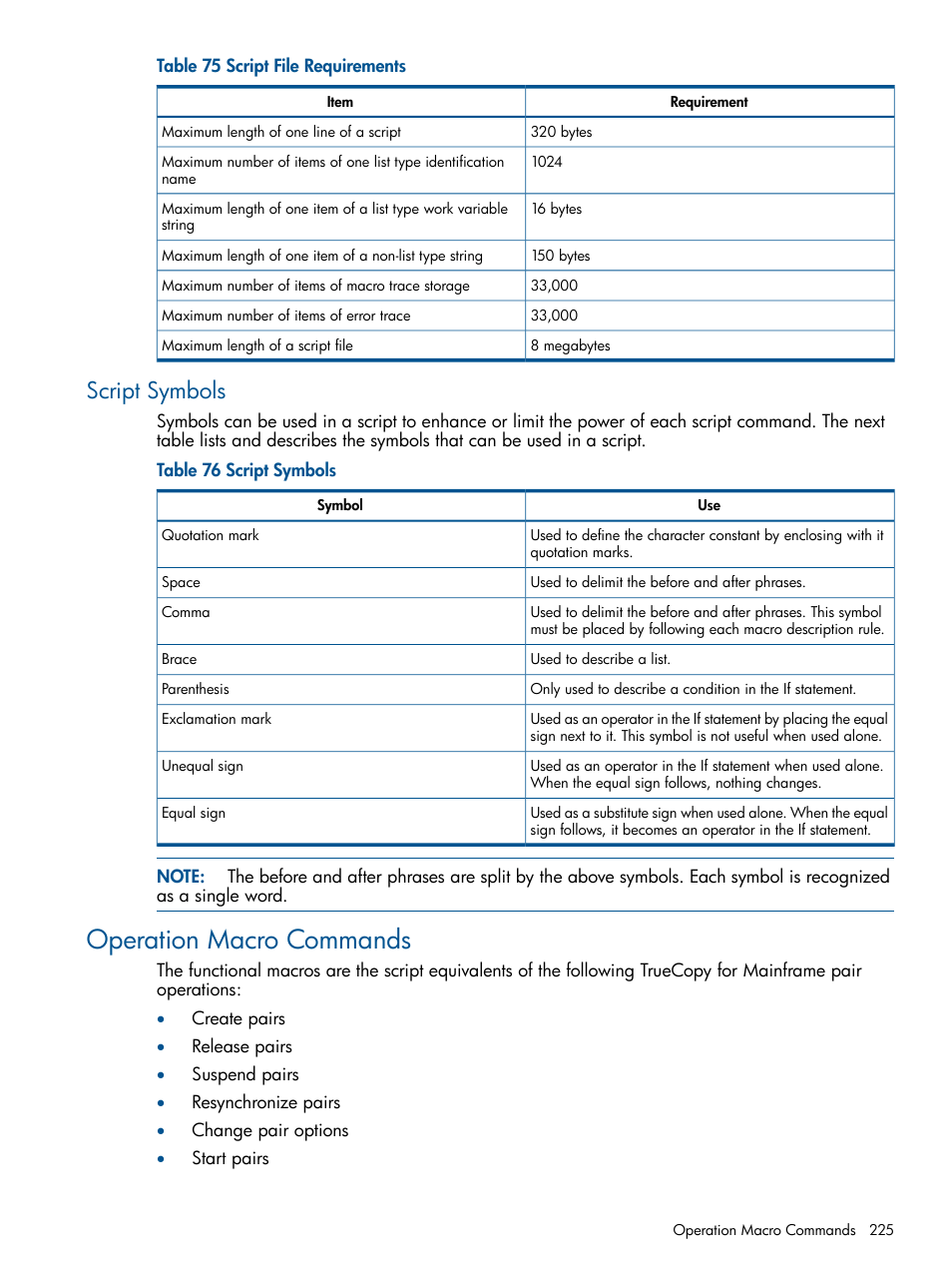 Script symbols, Operation macro commands | HP StorageWorks XP Remote Web Console Software User Manual | Page 225 / 258