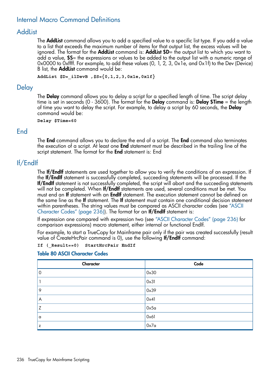 Internal macro command definitions, Addlist, Delay | If/endif, Internal macro command definitions addlist | HP StorageWorks XP Remote Web Console Software User Manual | Page 236 / 258