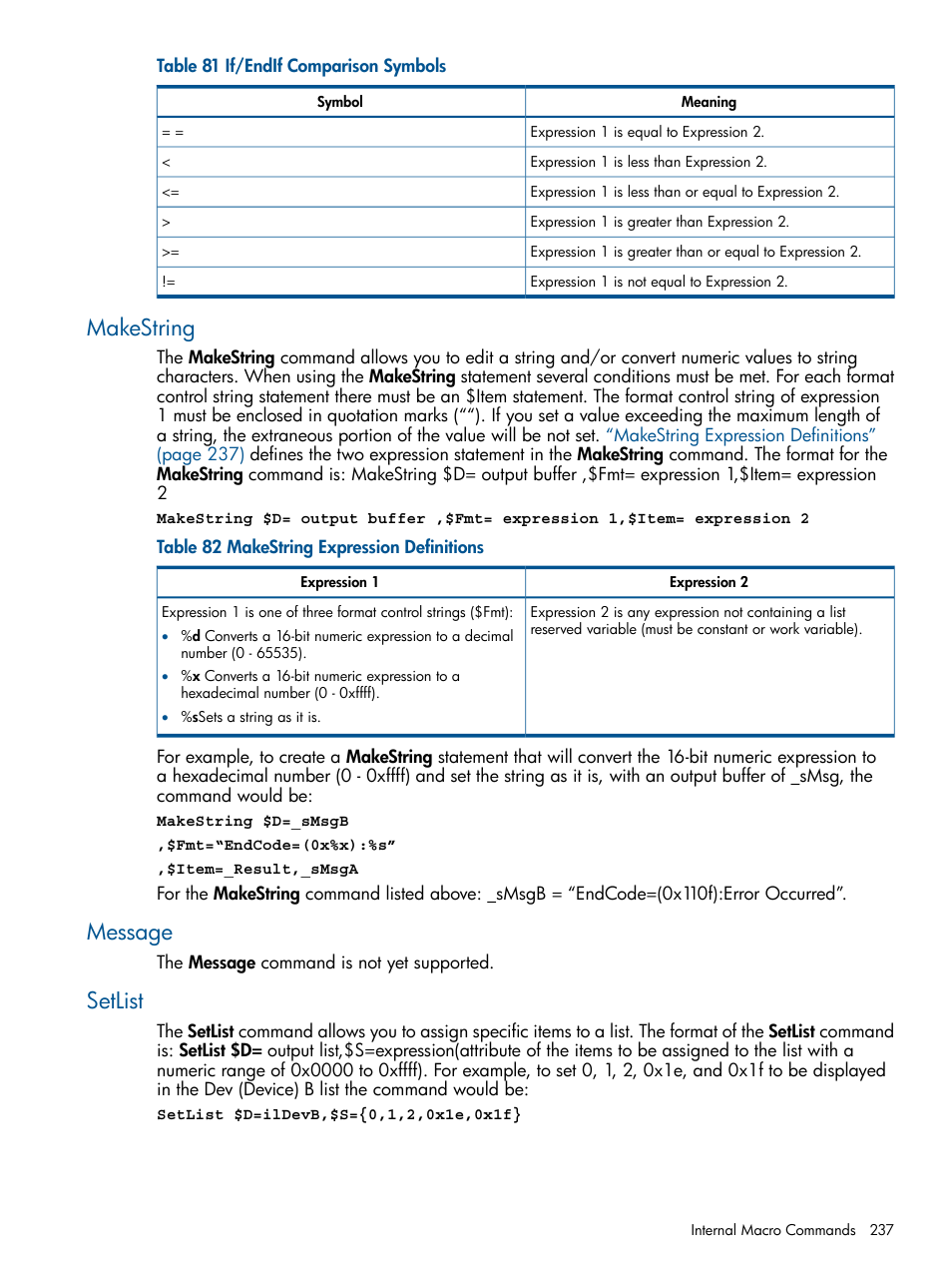 Makestring, Message, Setlist | Message setlist | HP StorageWorks XP Remote Web Console Software User Manual | Page 237 / 258