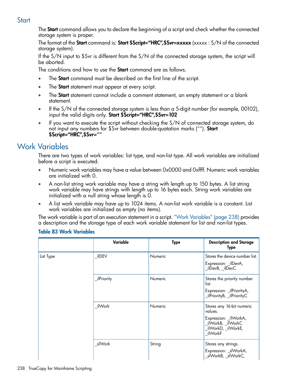 Start, Work variables | HP StorageWorks XP Remote Web Console Software User Manual | Page 238 / 258