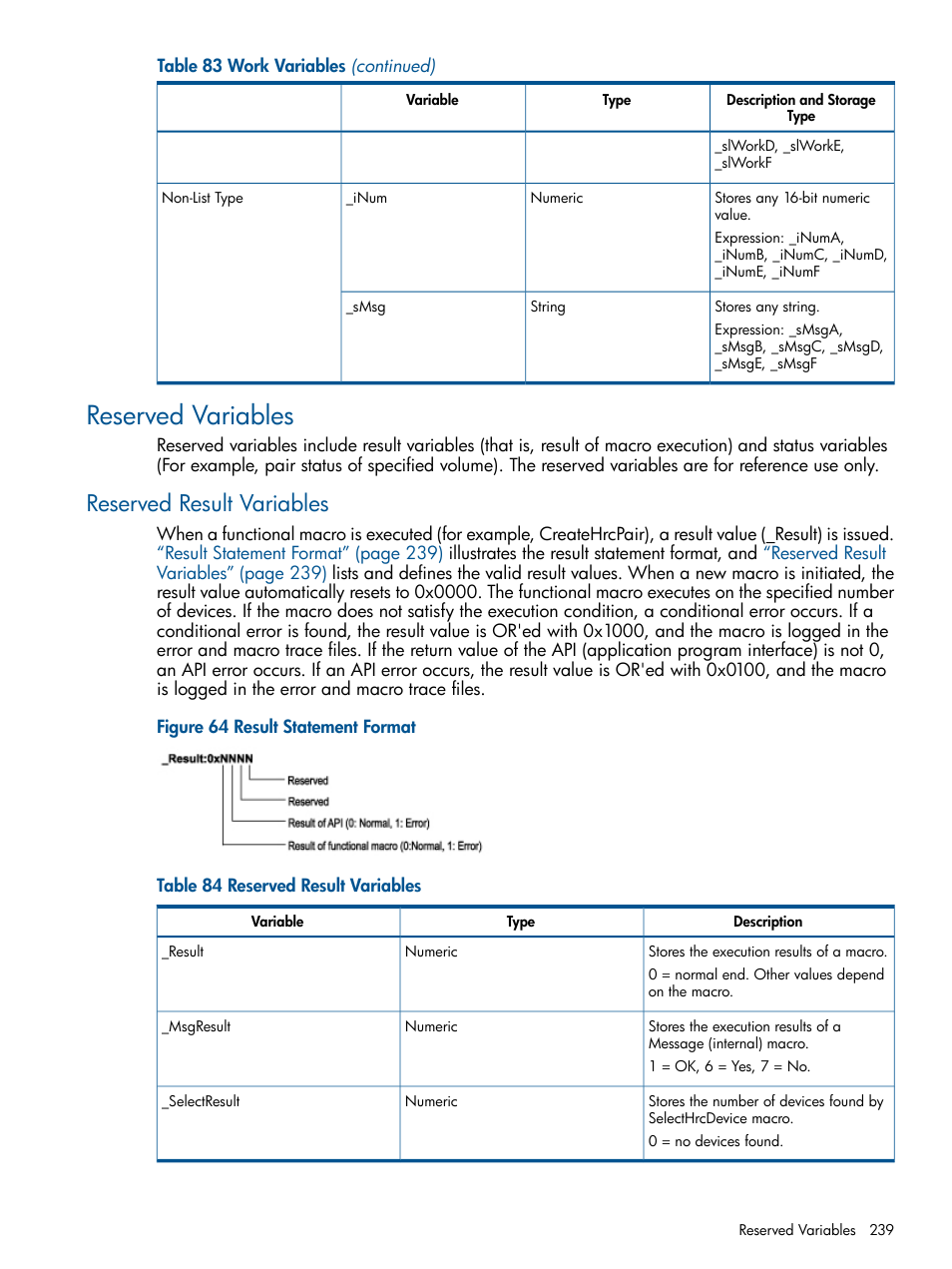 Reserved variables, Reserved result variables | HP StorageWorks XP Remote Web Console Software User Manual | Page 239 / 258