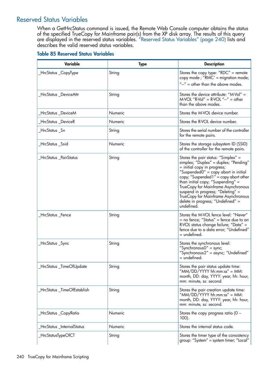 Reserved status variables | HP StorageWorks XP Remote Web Console Software User Manual | Page 240 / 258