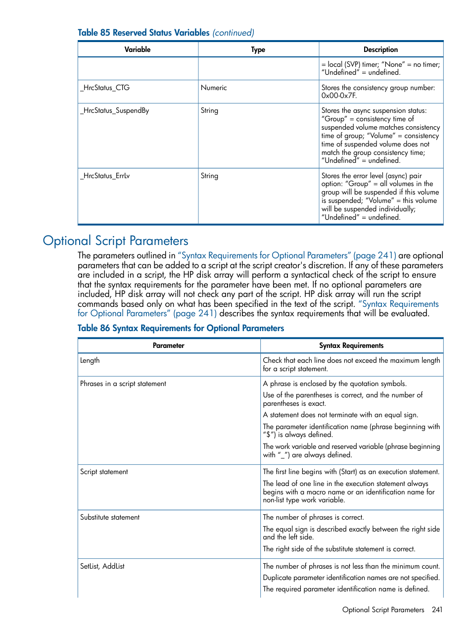 Optional script parameters | HP StorageWorks XP Remote Web Console Software User Manual | Page 241 / 258