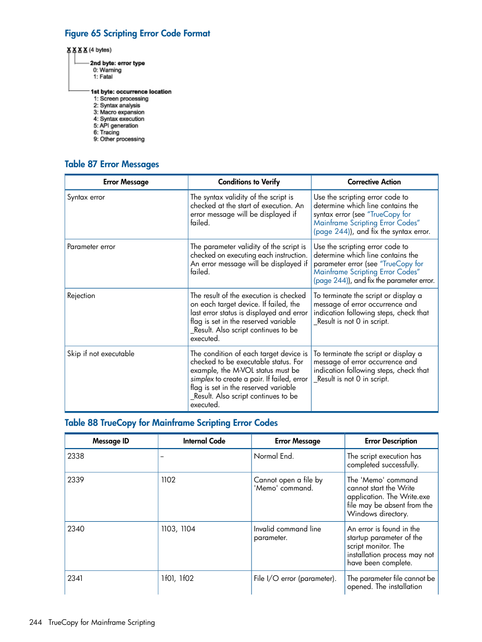 Truecopy for mainframe scripting error codes | HP StorageWorks XP Remote Web Console Software User Manual | Page 244 / 258
