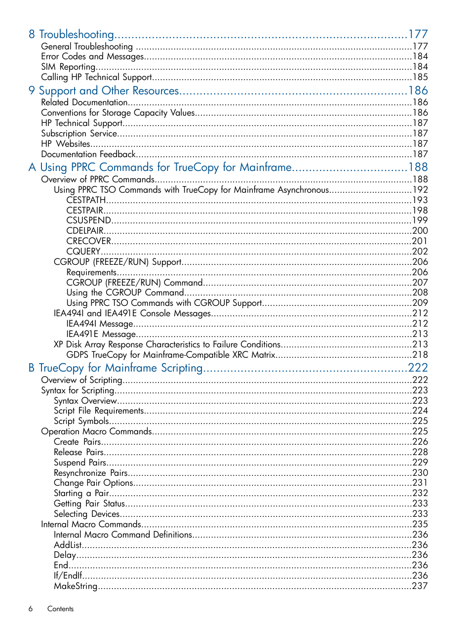 8 troubleshooting, 9 support and other resources, A using pprc commands for truecopy for mainframe | B truecopy for mainframe scripting | HP StorageWorks XP Remote Web Console Software User Manual | Page 6 / 258