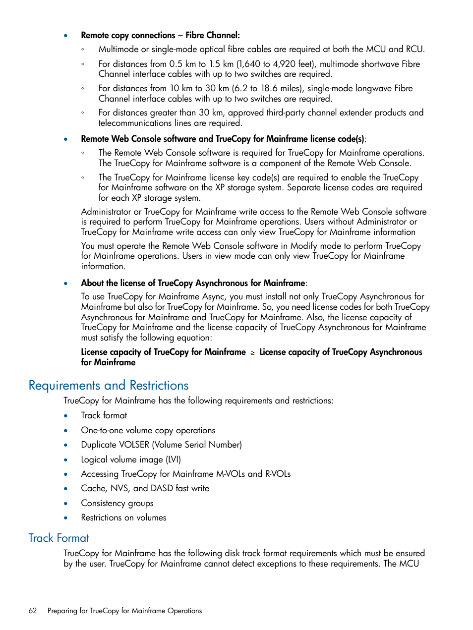 Requirements and restrictions, Track format | HP StorageWorks XP Remote Web Console Software User Manual | Page 62 / 258