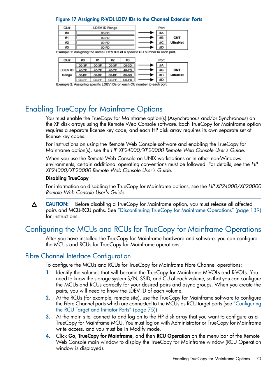 Enabling truecopy for mainframe options, Fibre channel interface configuration | HP StorageWorks XP Remote Web Console Software User Manual | Page 73 / 258