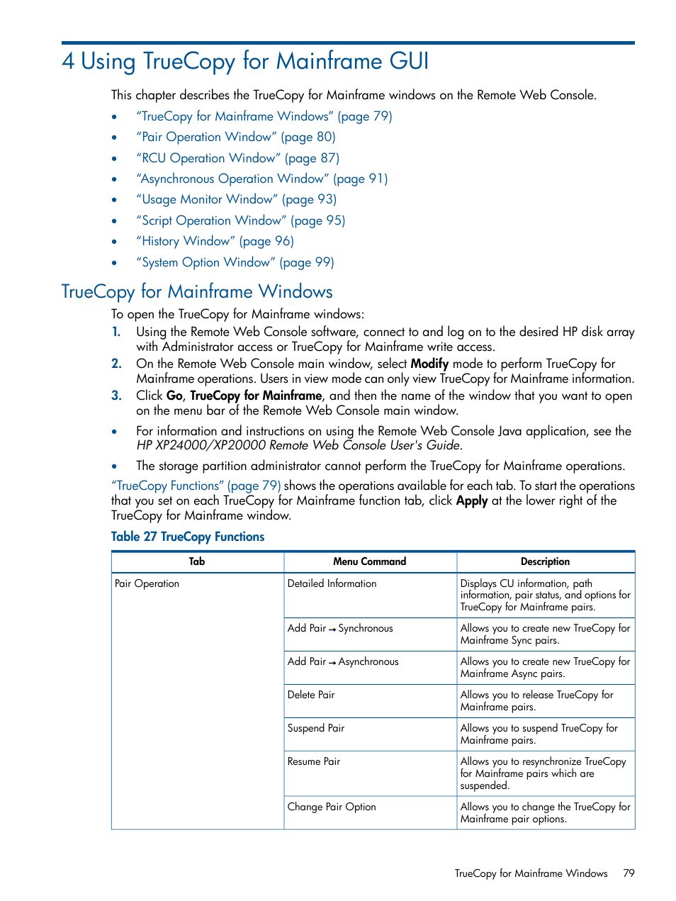 4 using truecopy for mainframe gui, Truecopy for mainframe windows | HP StorageWorks XP Remote Web Console Software User Manual | Page 79 / 258