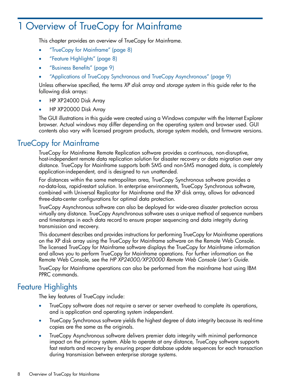 1 overview of truecopy for mainframe, Truecopy for mainframe, Feature highlights | Truecopy for mainframe feature highlights | HP StorageWorks XP Remote Web Console Software User Manual | Page 8 / 258