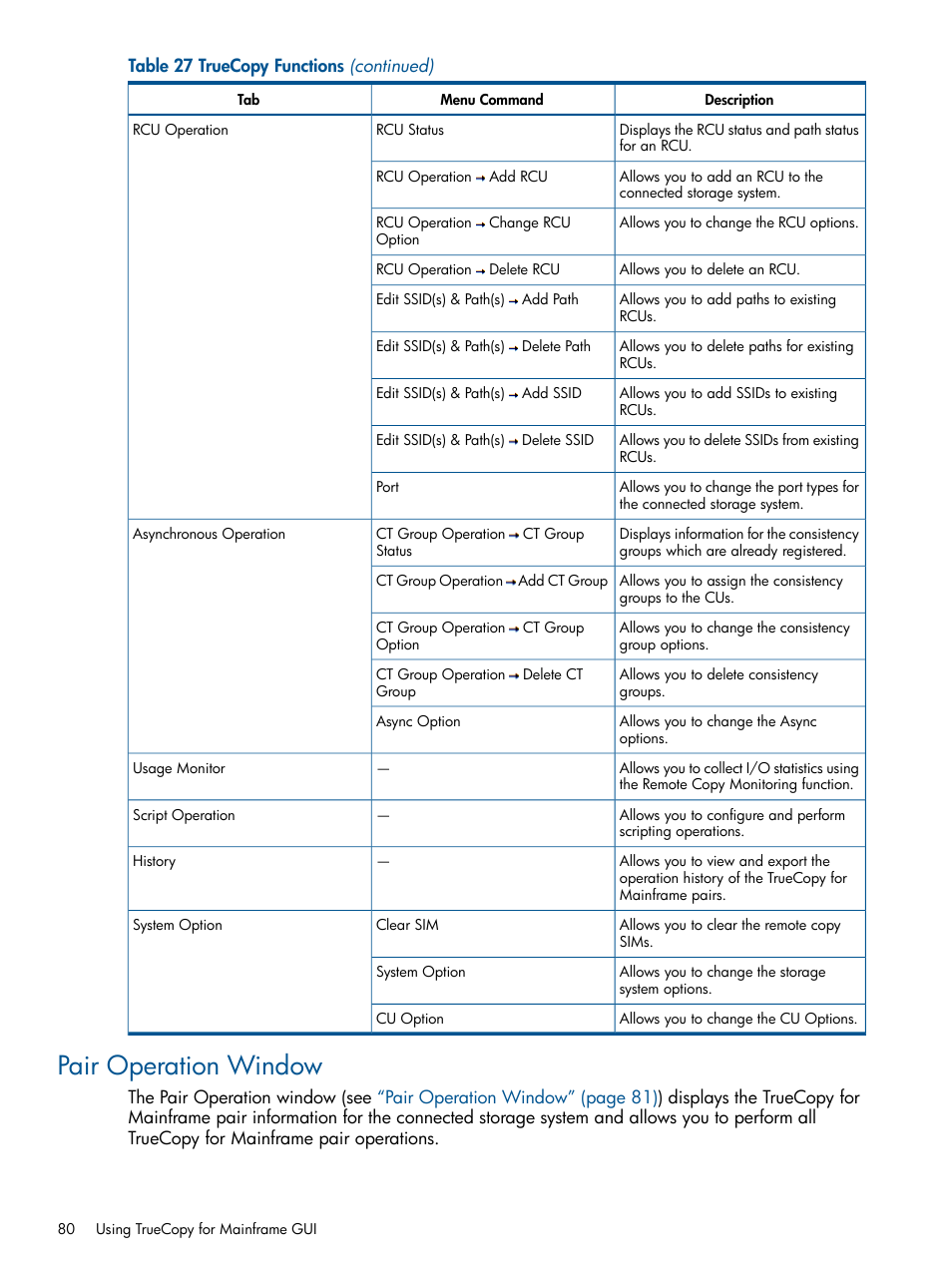 Pair operation window | HP StorageWorks XP Remote Web Console Software User Manual | Page 80 / 258