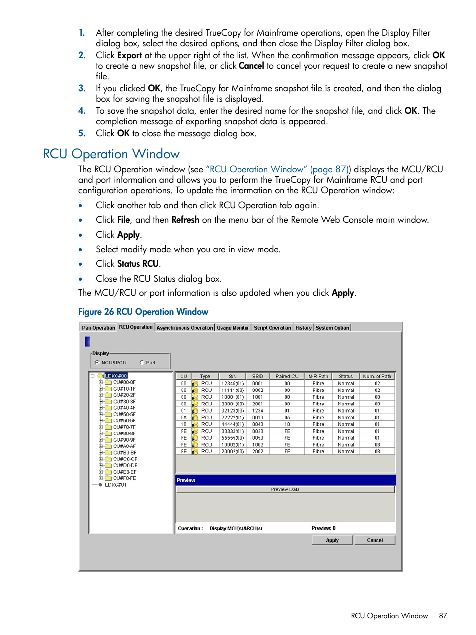 Rcu operation window | HP StorageWorks XP Remote Web Console Software User Manual | Page 87 / 258