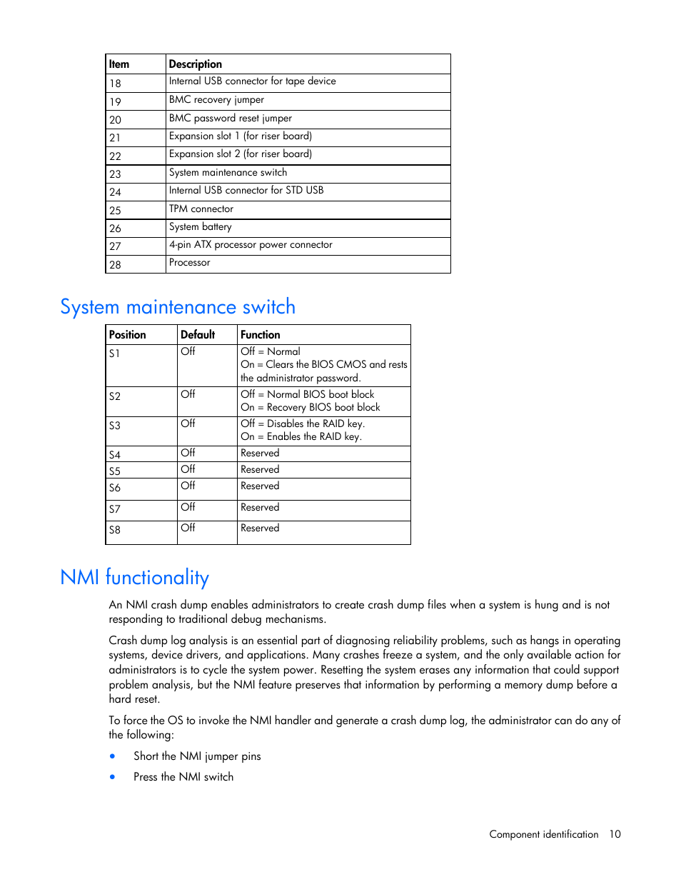 System maintenance switch, Nmi functionality | HP ProLiant DL120 G6 Server User Manual | Page 10 / 113