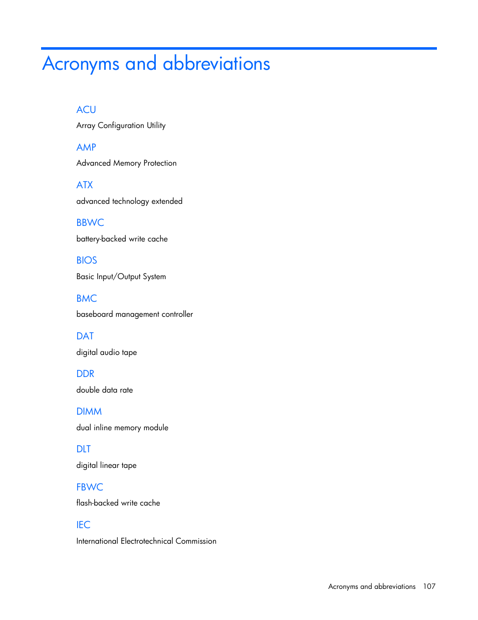 Acronyms and abbreviations | HP ProLiant DL120 G6 Server User Manual | Page 107 / 113