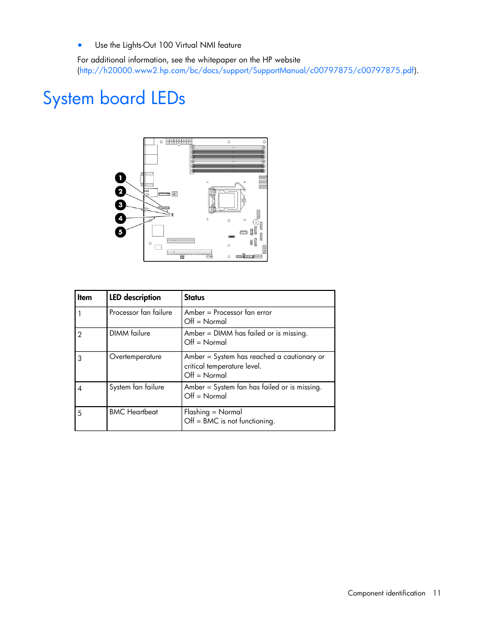 System board leds | HP ProLiant DL120 G6 Server User Manual | Page 11 / 113