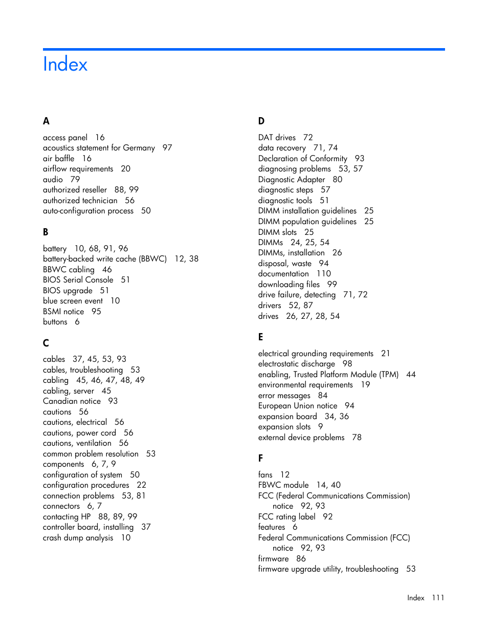 Index | HP ProLiant DL120 G6 Server User Manual | Page 111 / 113