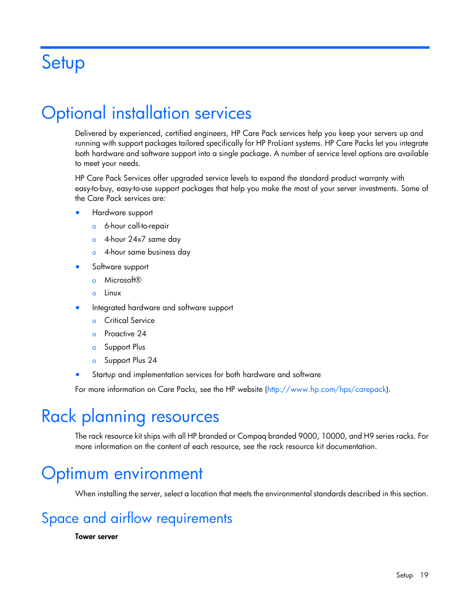 Setup, Optional installation services, Rack planning resources | Optimum environment, Space and airflow requirements | HP ProLiant DL120 G6 Server User Manual | Page 19 / 113